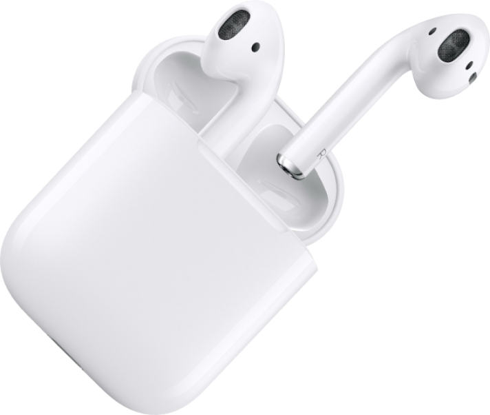 White Airpods sticking out of the charging case.
